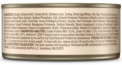 Wellness CORE Natural Grain Free Hearty Cuts Indoor Chicken and Turkey Canned Cat Food